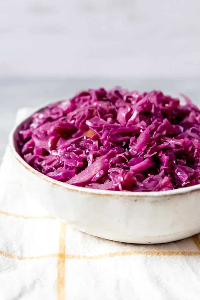 Cooked cabbage on a plate that's served for German Christmas dinners. 