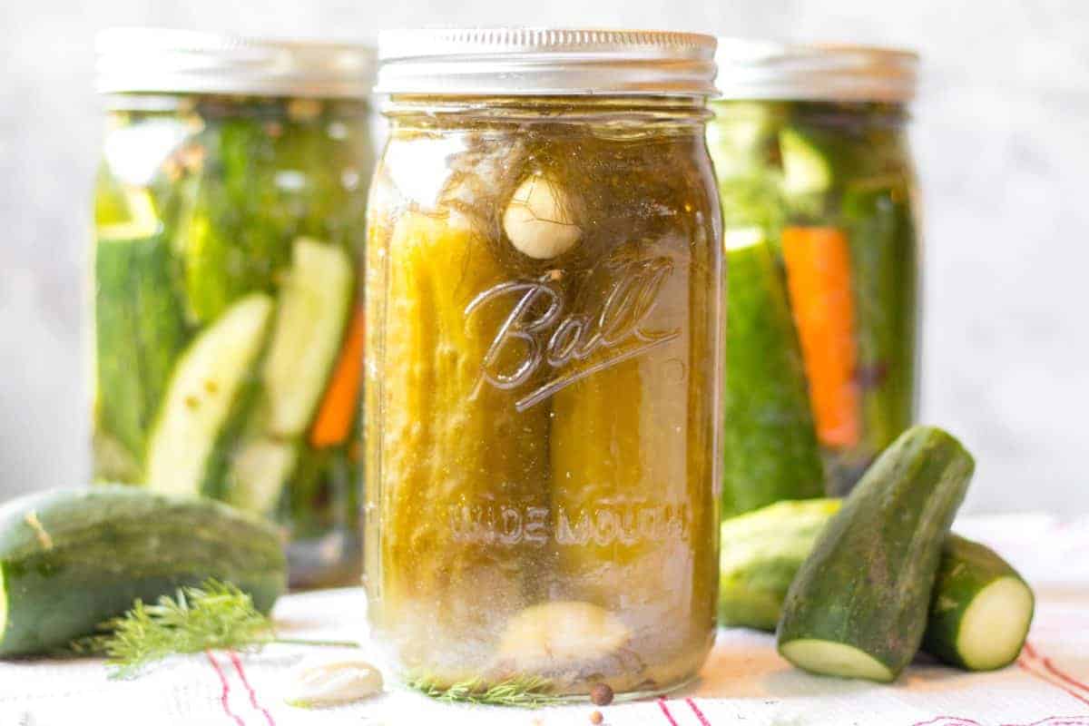 Homemade dill pickles in mason jars with fresh cucumbers laying next to them. 