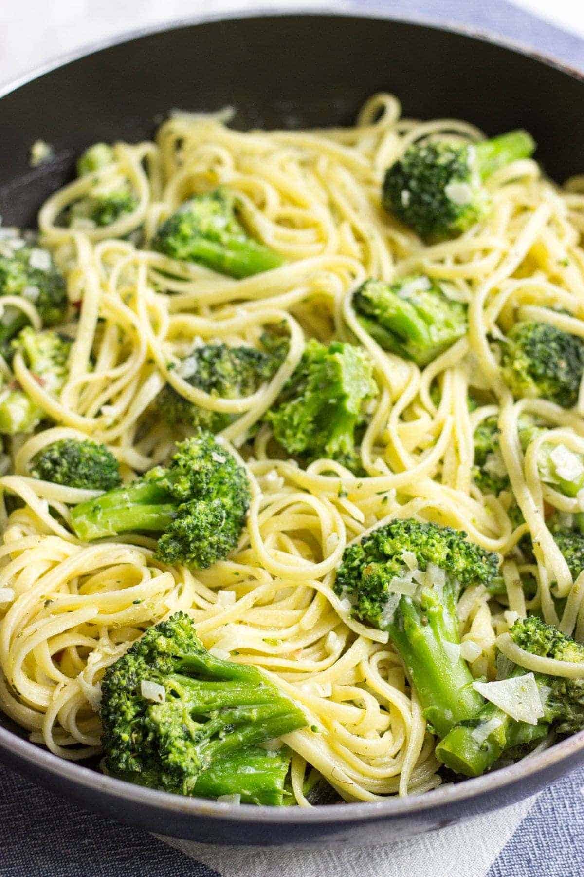 Broccoli pasta in a pan. 