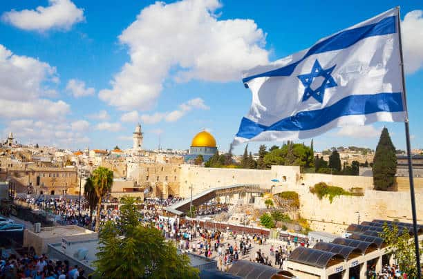 The Israel flag overlooking Jerusalem.