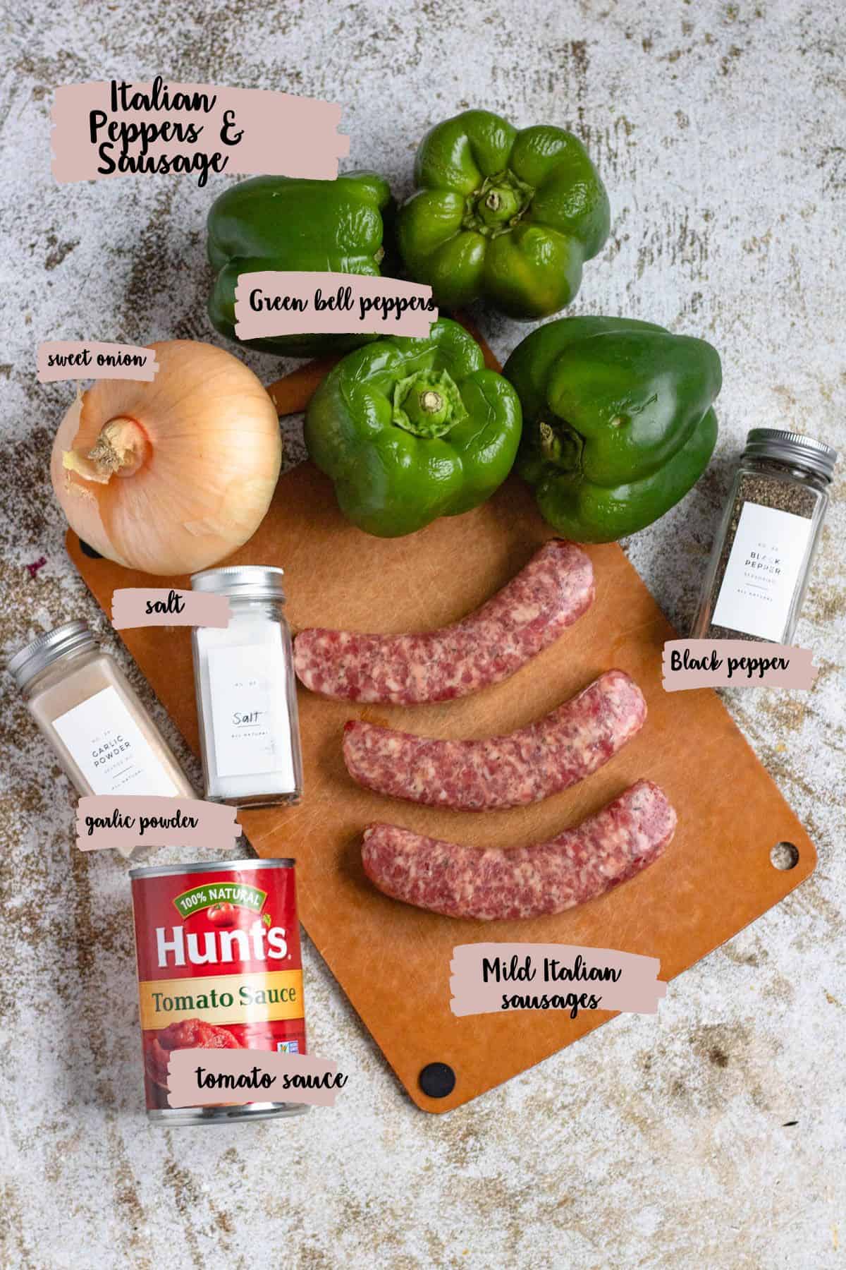 Ingredients shown are used to prepare authentic italian sausage and peppers. 