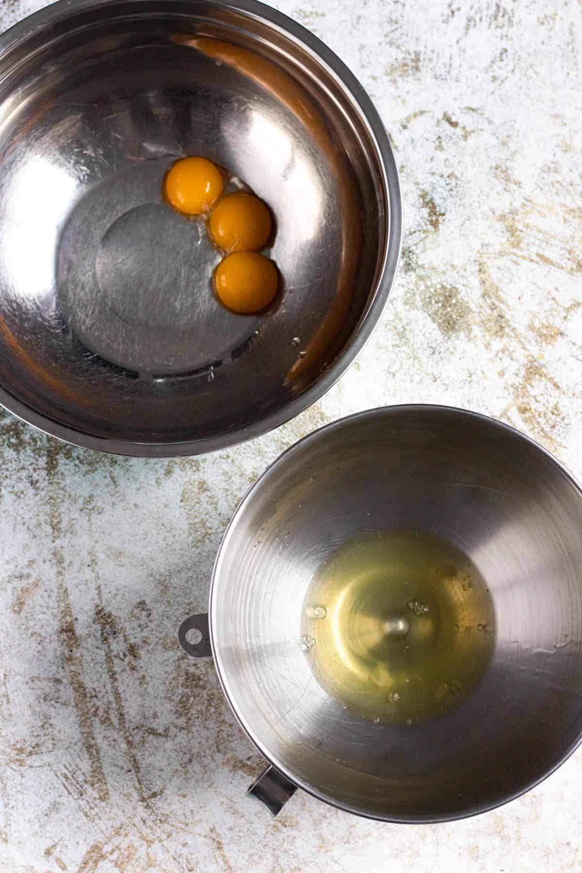 3 eggs separated with the whites in one bowl and yolks in another. 