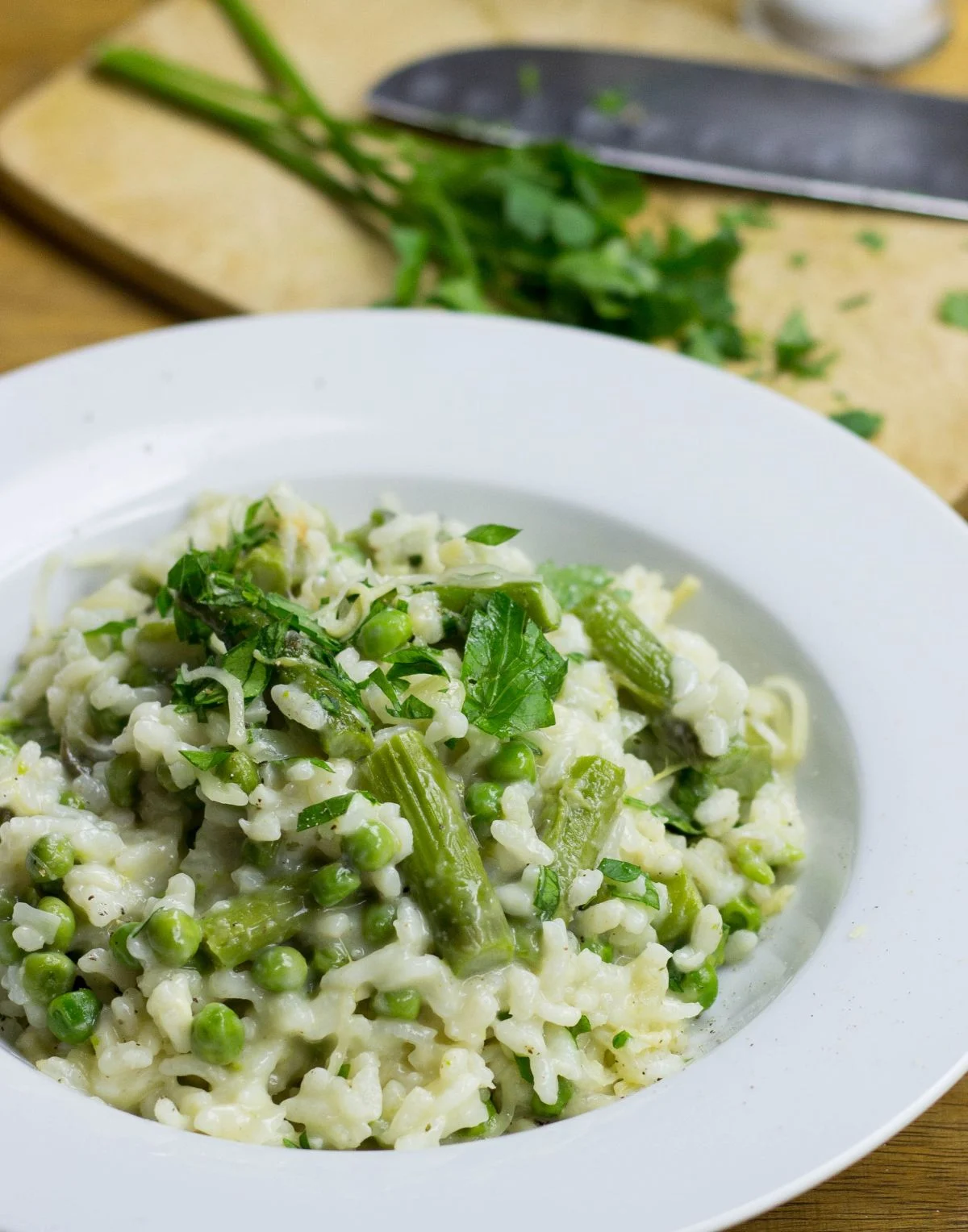 Asparagus risotto in a bowl. 
