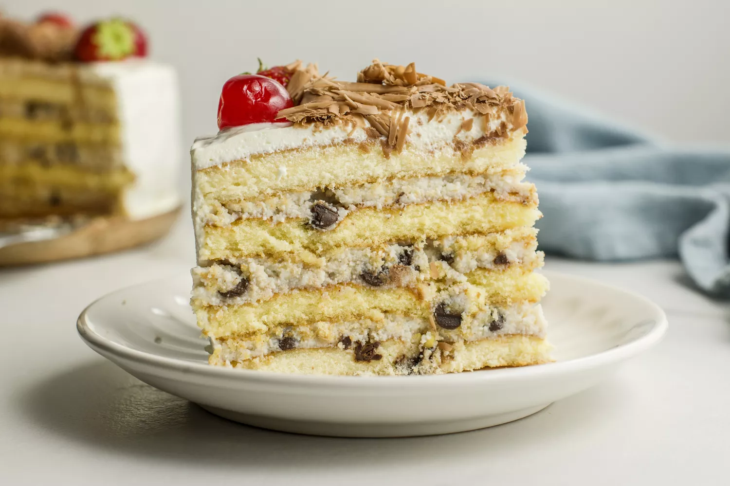 Cassata, a layered Italian dessert, sliced and served on a small plate. 