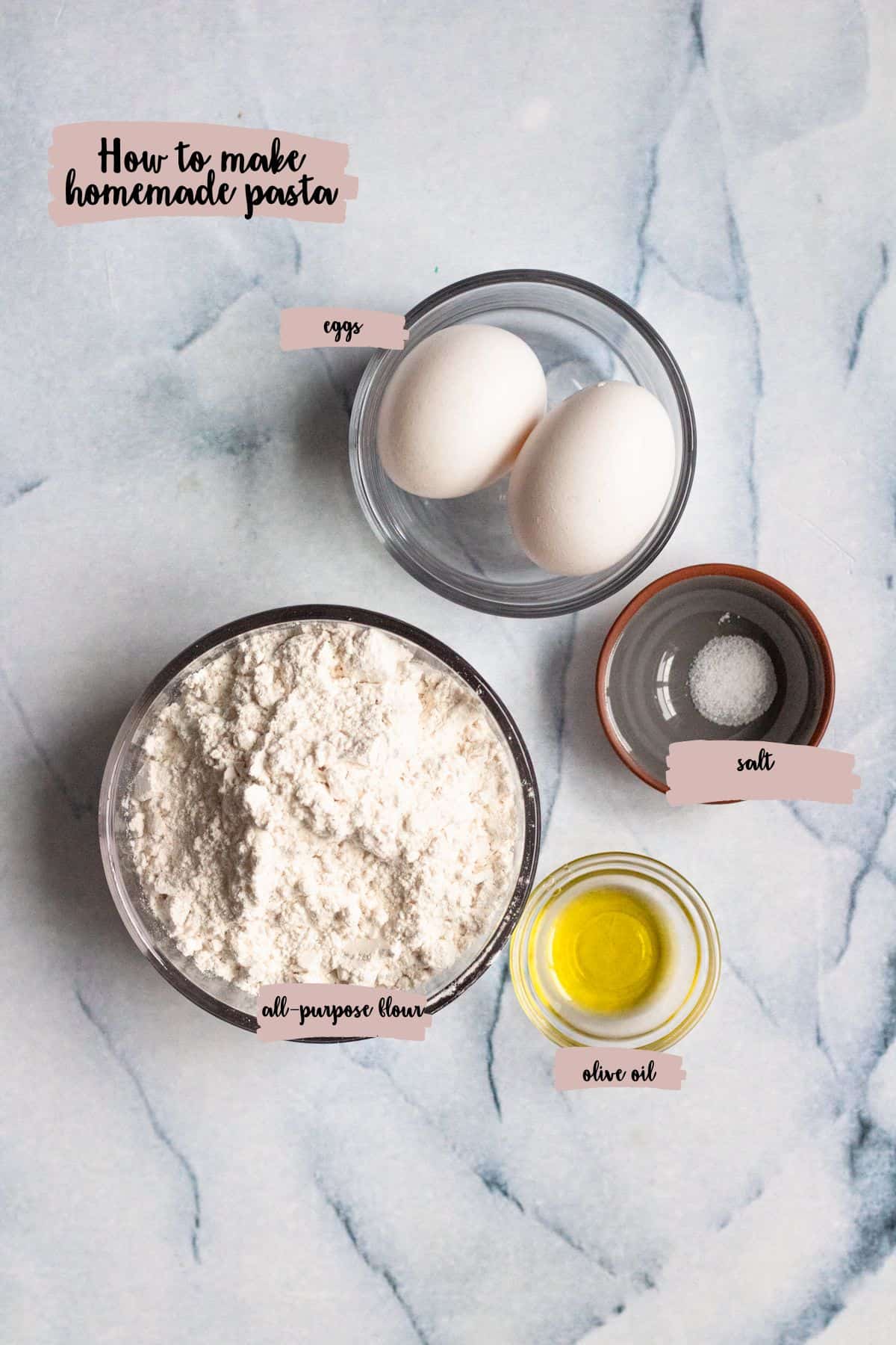Ingredients shown that are needed to make homemade pasta. 