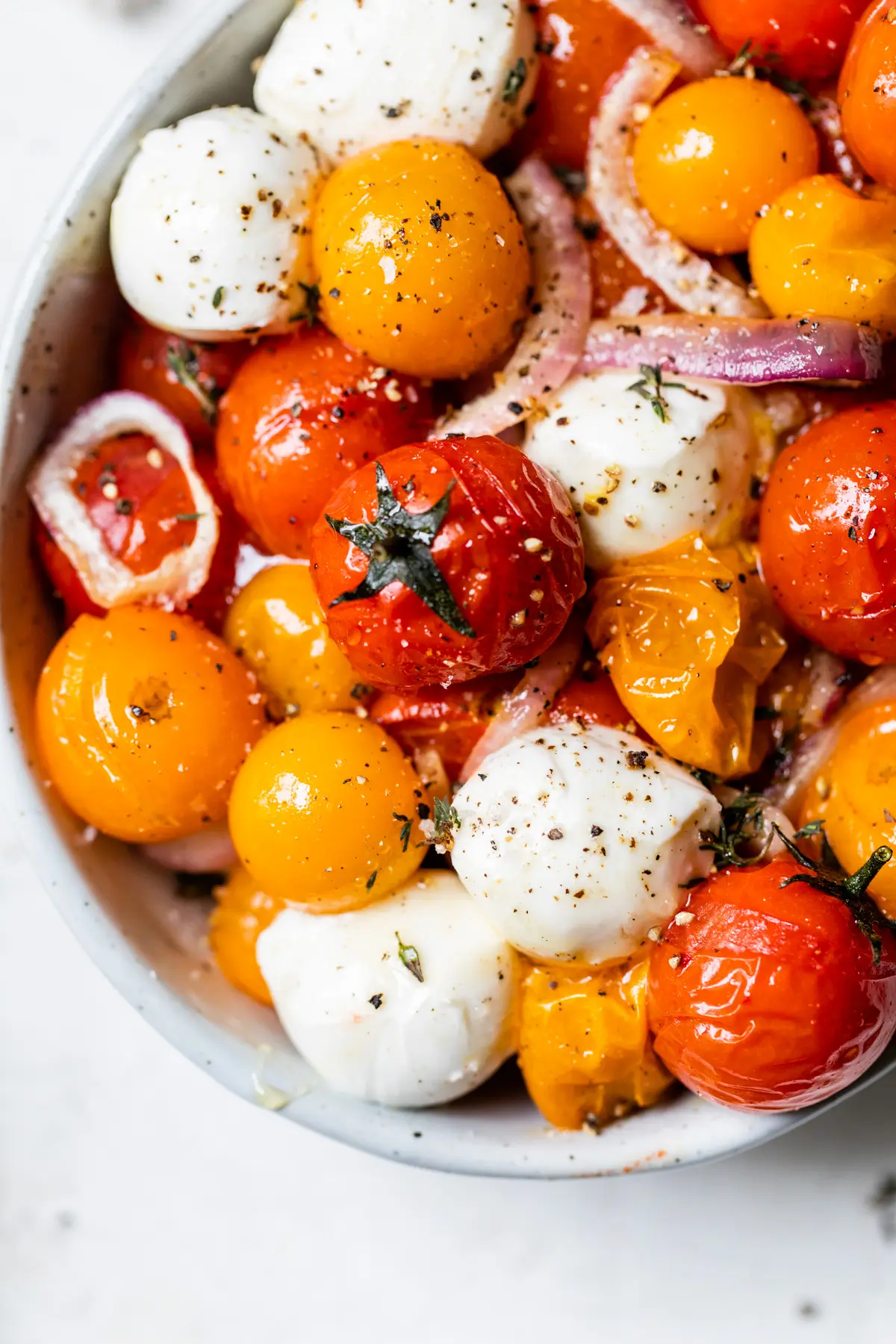 Honey roasted tomato salad in a bowl. 