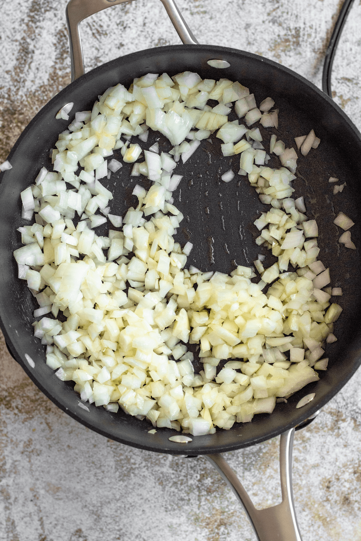 Skillet with sauted onions. 