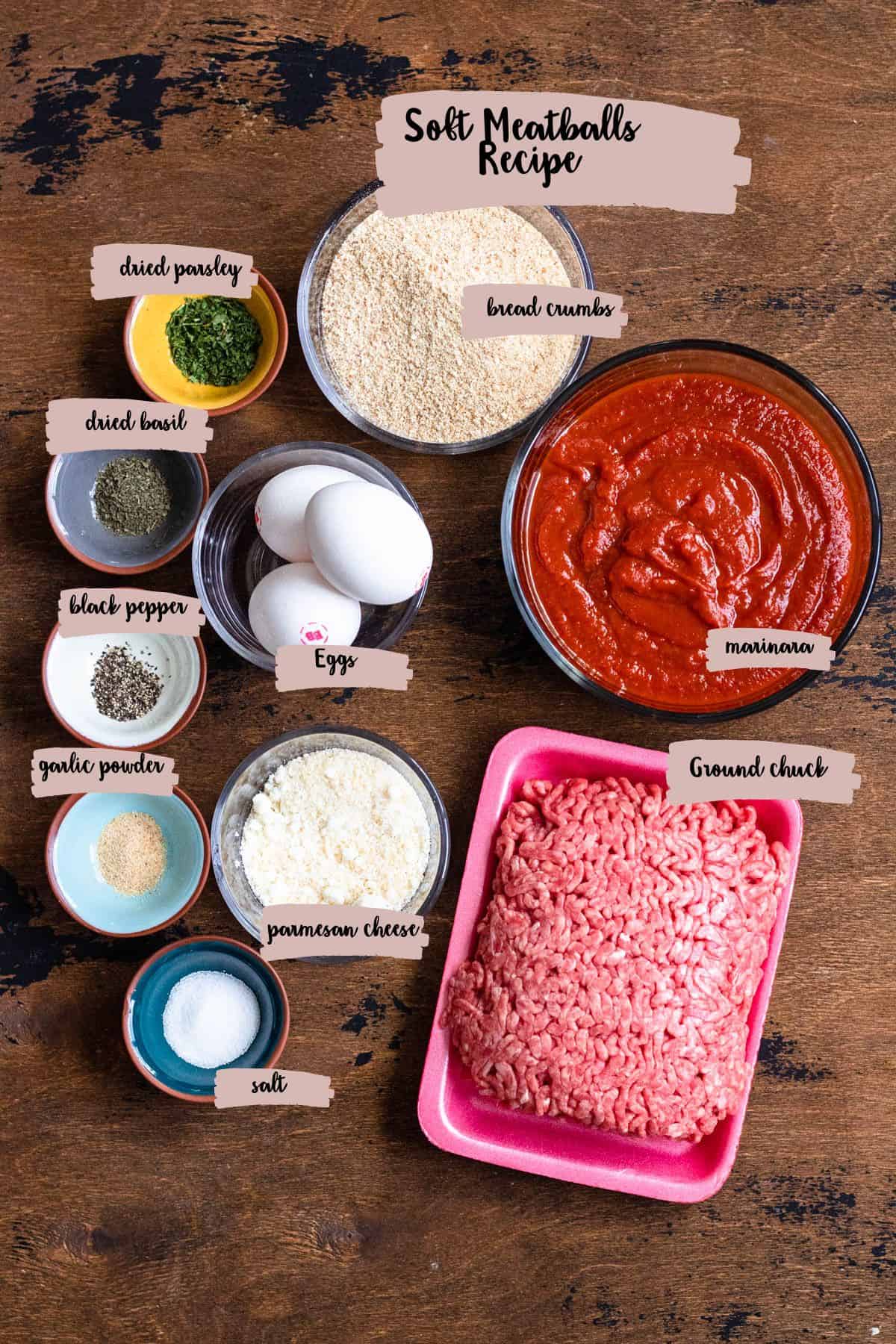 Ingredients needed to prepare soft meatballs recipe. 