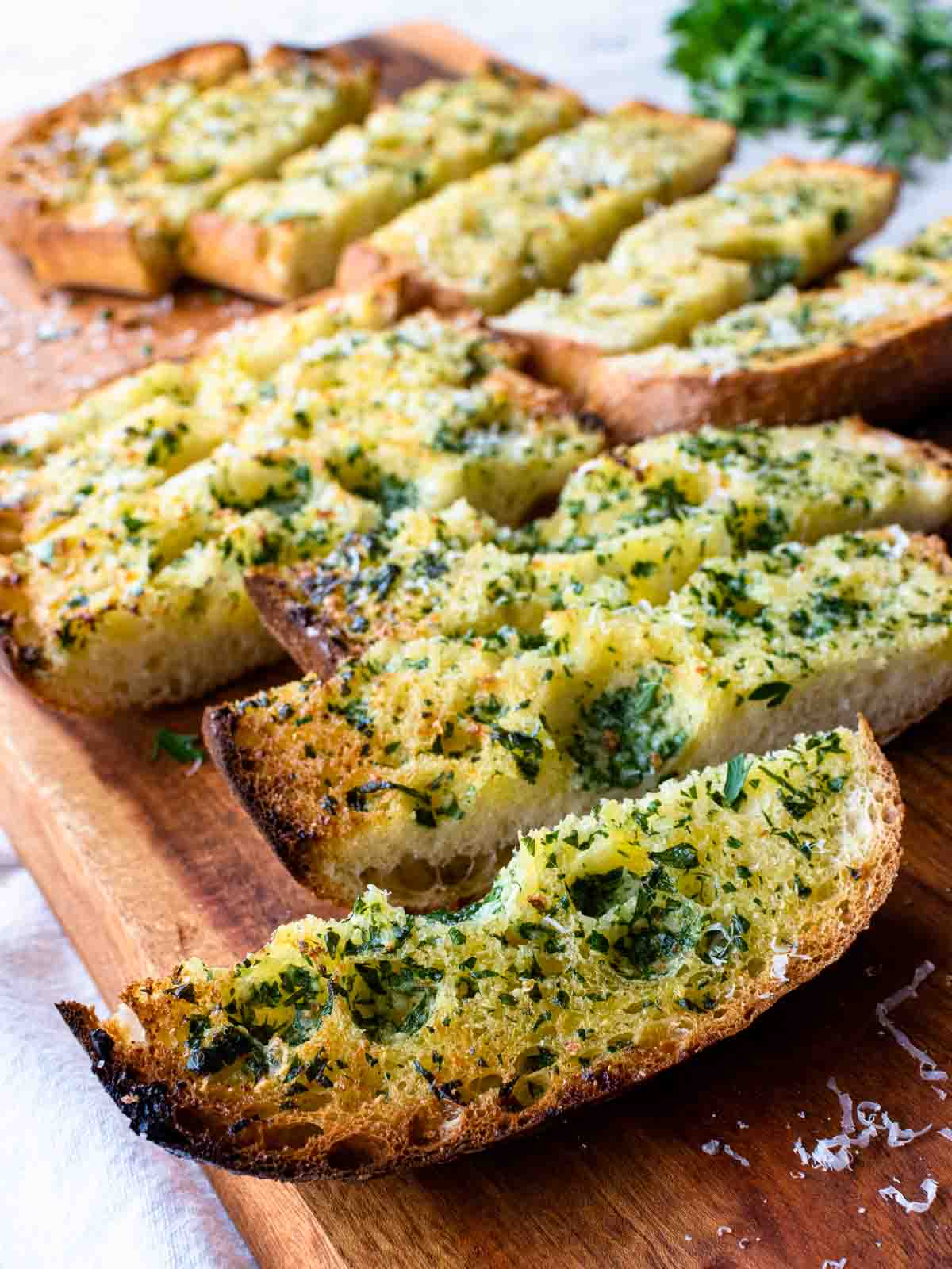 Garlic ciabatta bread slices. 