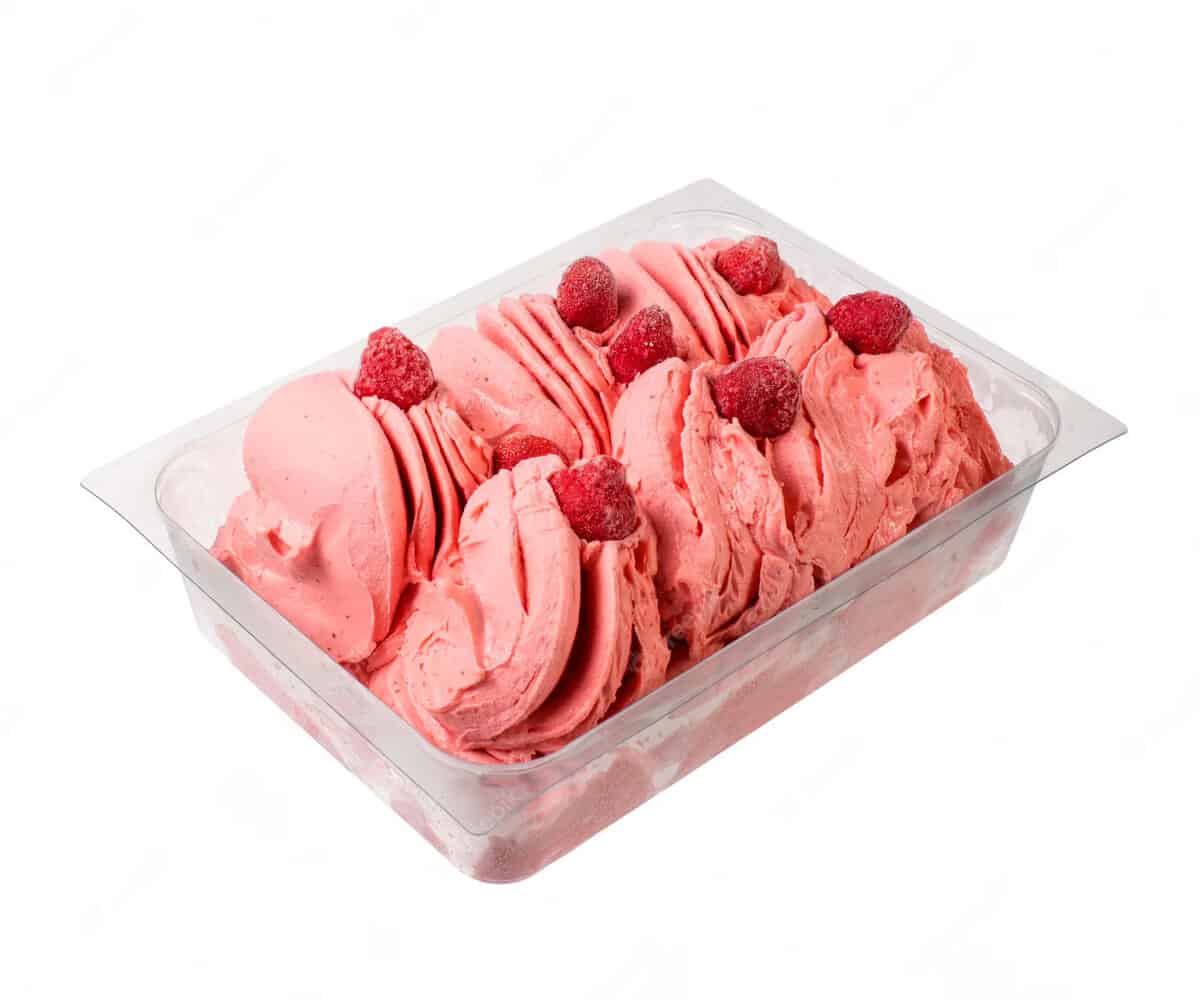 Rectangular tub of raspberry Italian ice. 