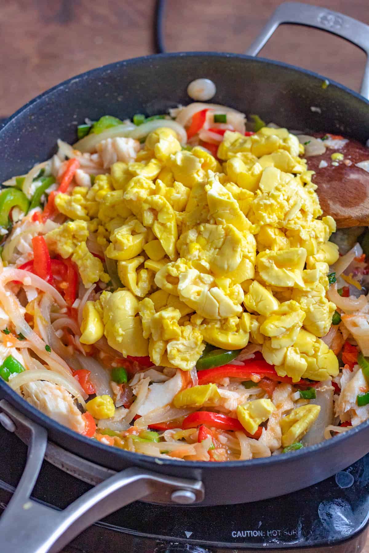 Ackee added to the skillet. 