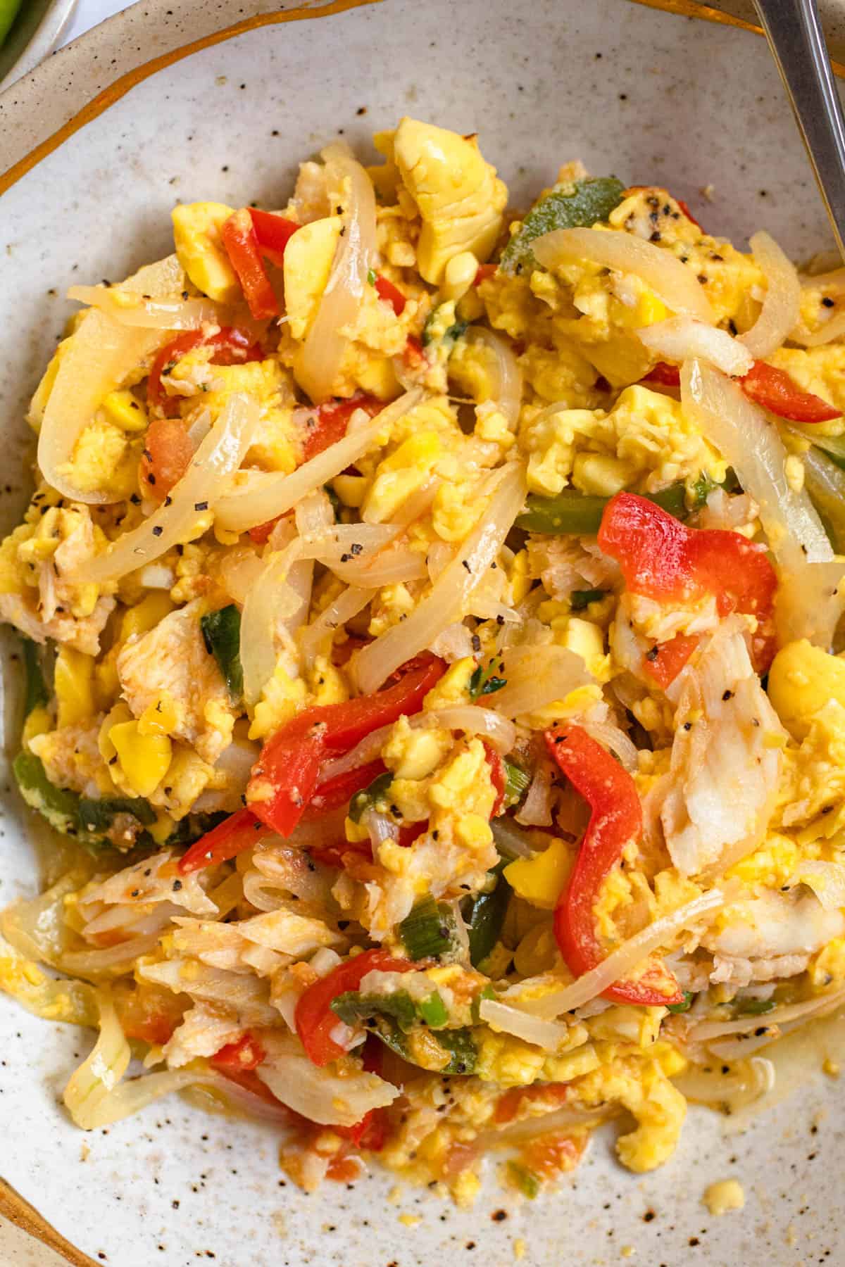 Close up of saltfish and ackee in the bowl. 