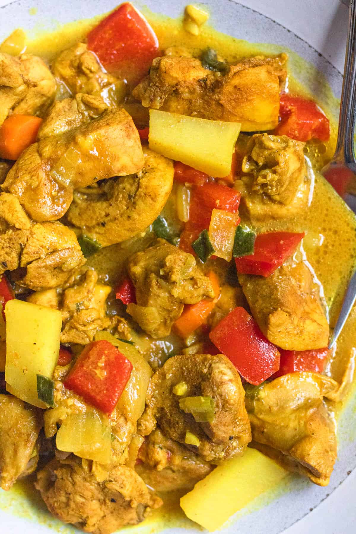 Close up of Jamaican curry chicken in a bowl. 