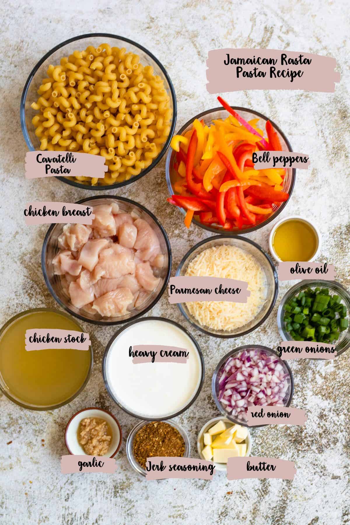 Ingredients shown that are used to make Jamaican rasta pasta recipe.