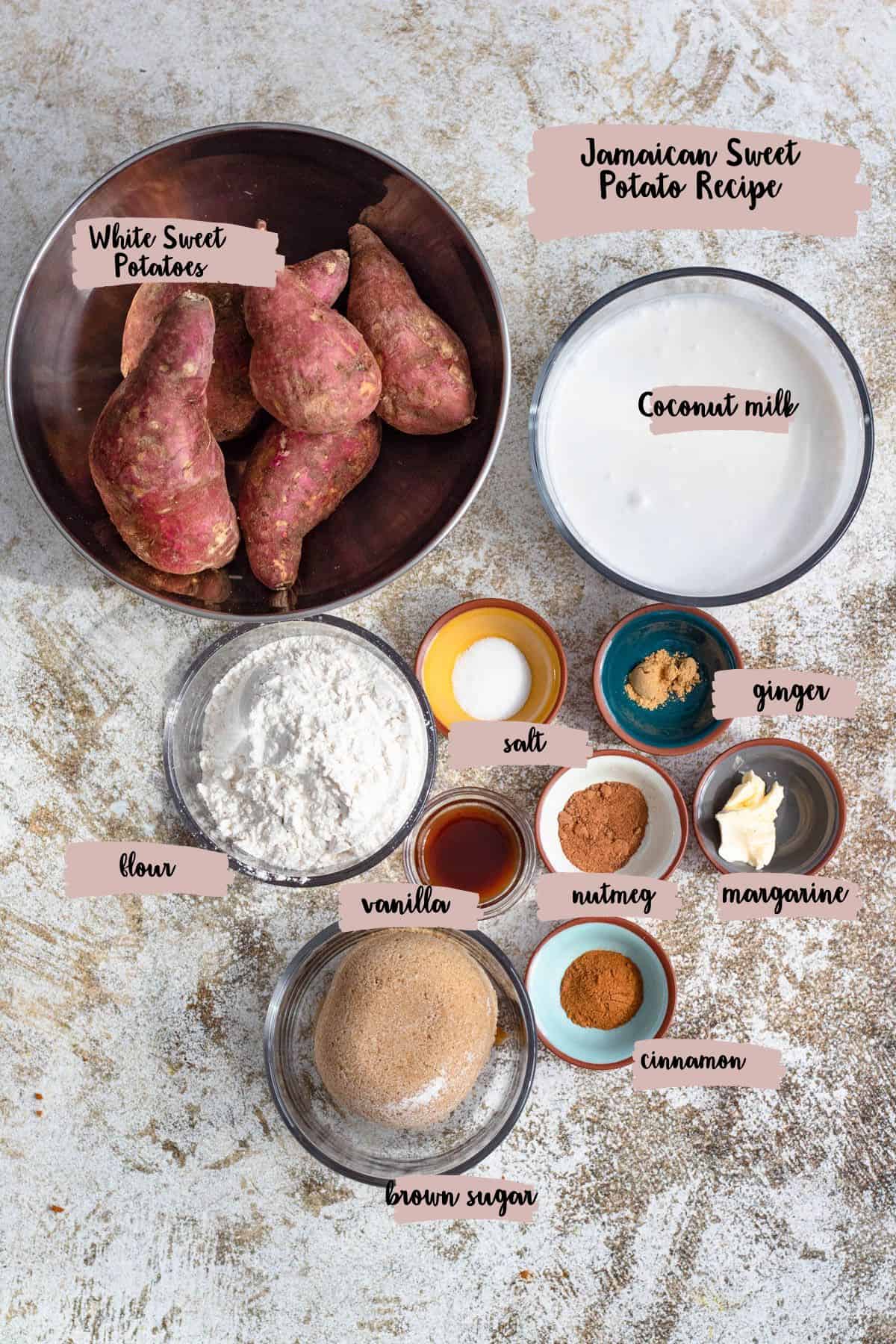 Ingredients needed to prepare Jamaican sweet potato recipe. 