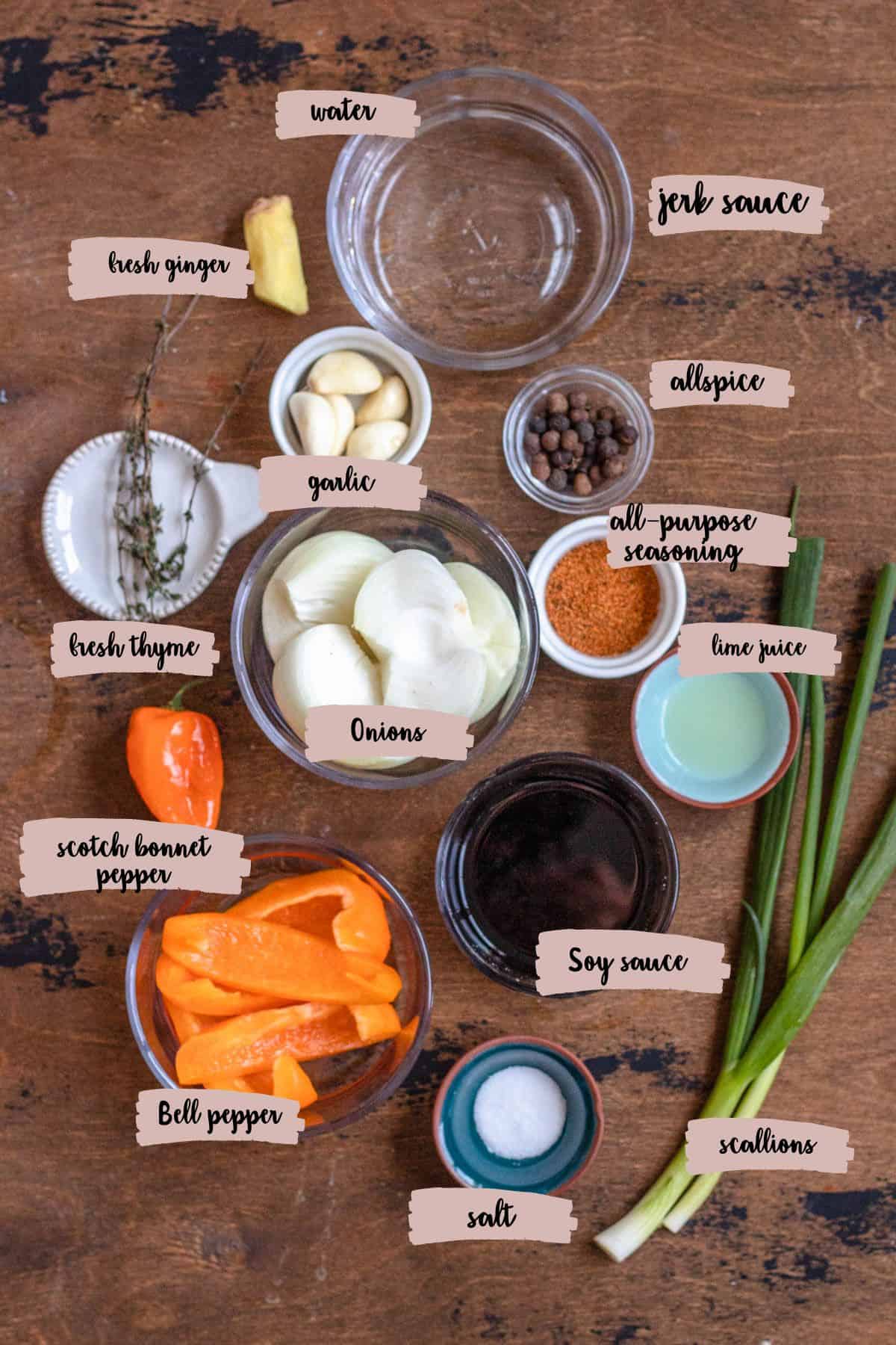 Ingredients shown are used to prepare the jerk sauce. 