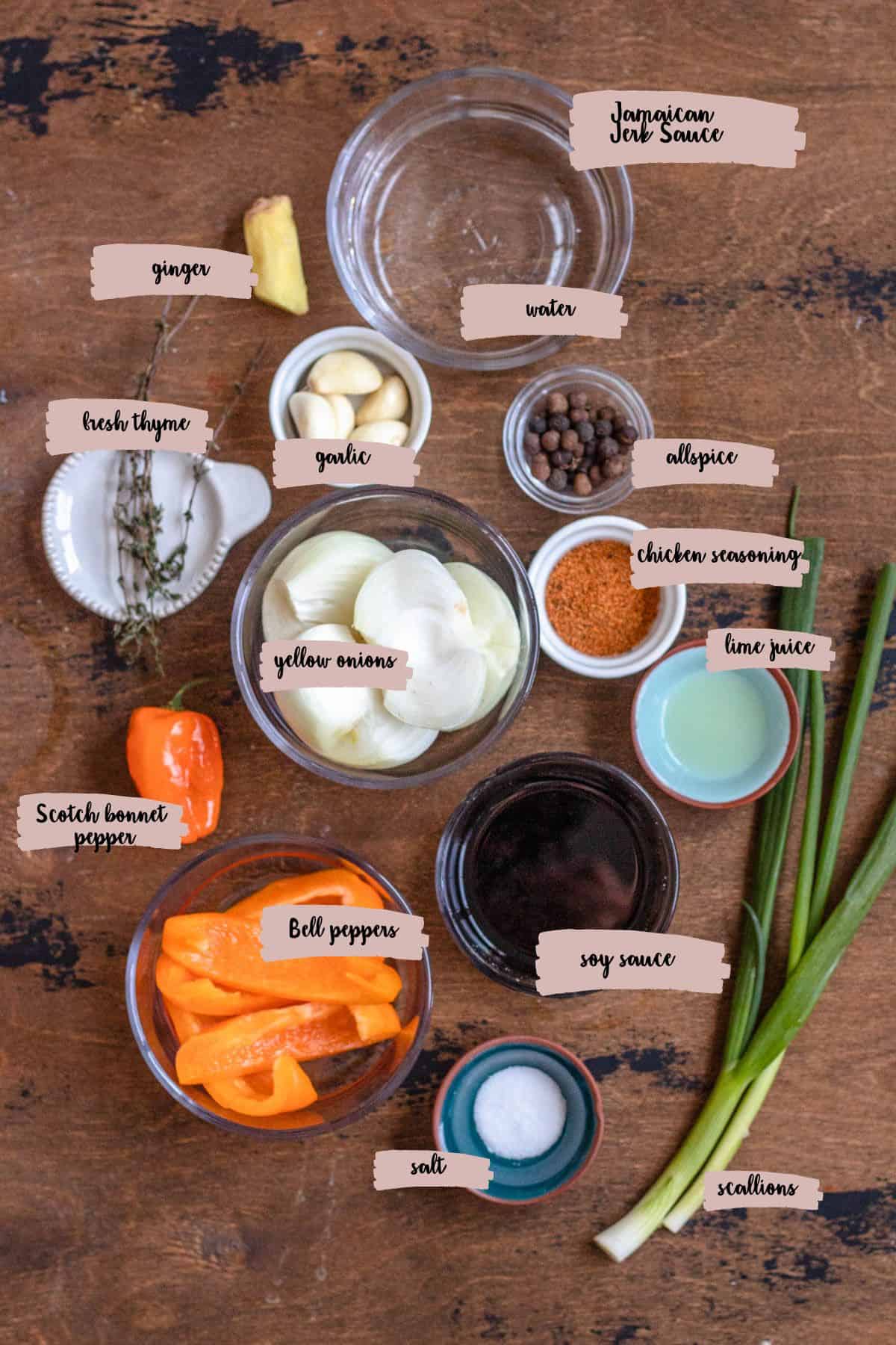 Ingredients shown that are needed to prepared Jamaican jerk sauce. 
