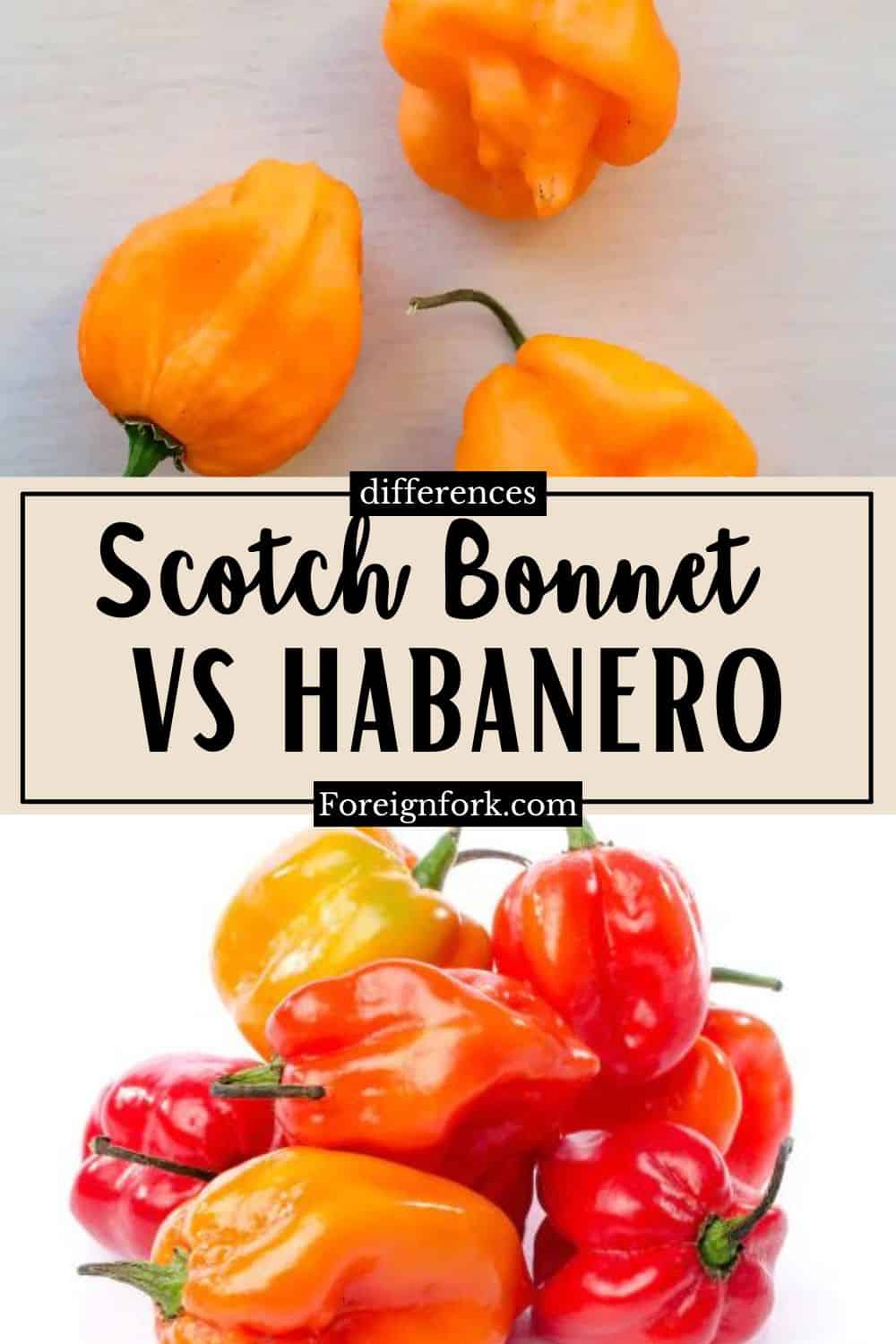 Pinterest image for Scotch Bonnet vs Habanero that shows both types of peppers. 
