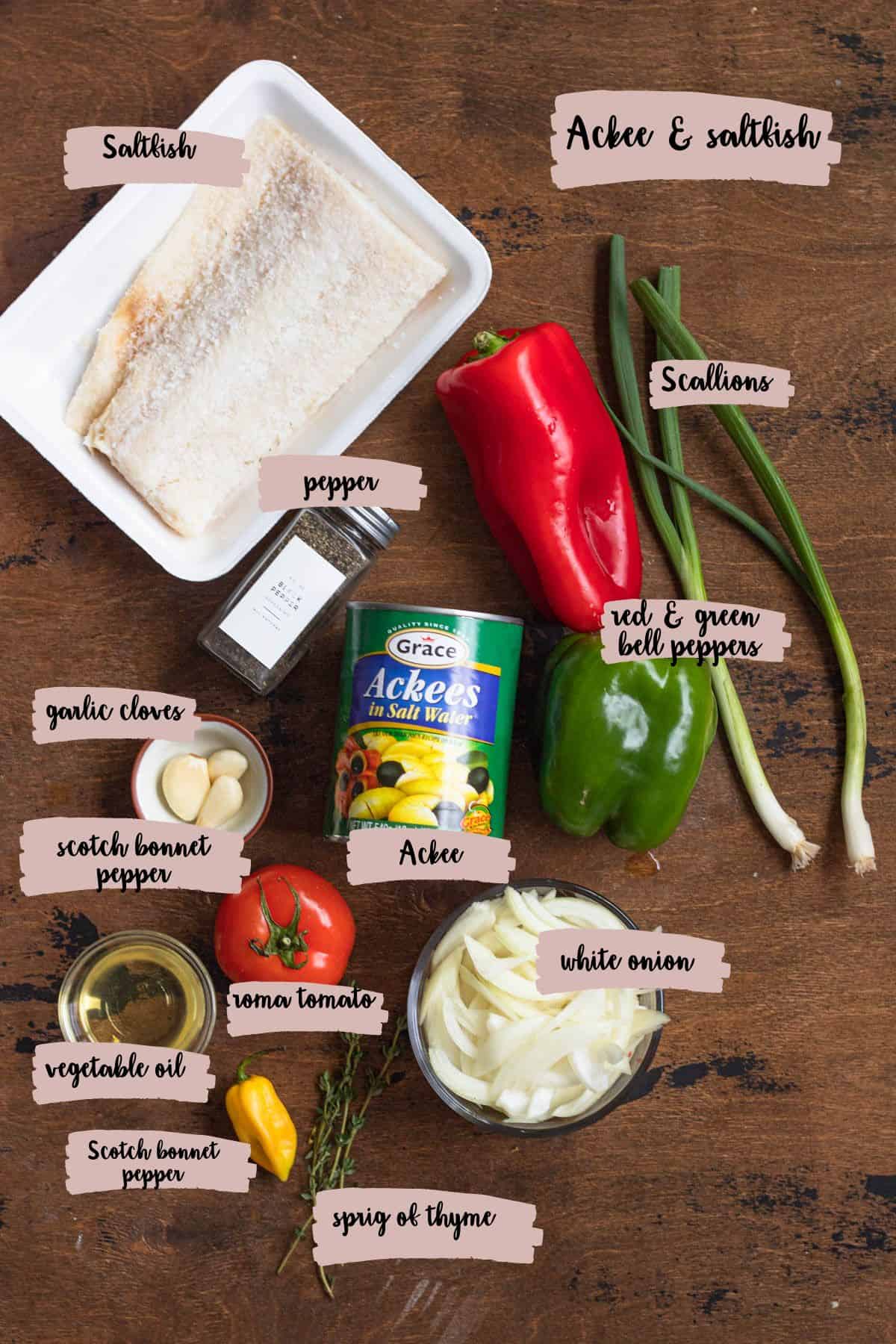 Ingredients shown that are used to make ackee and saltfish. 