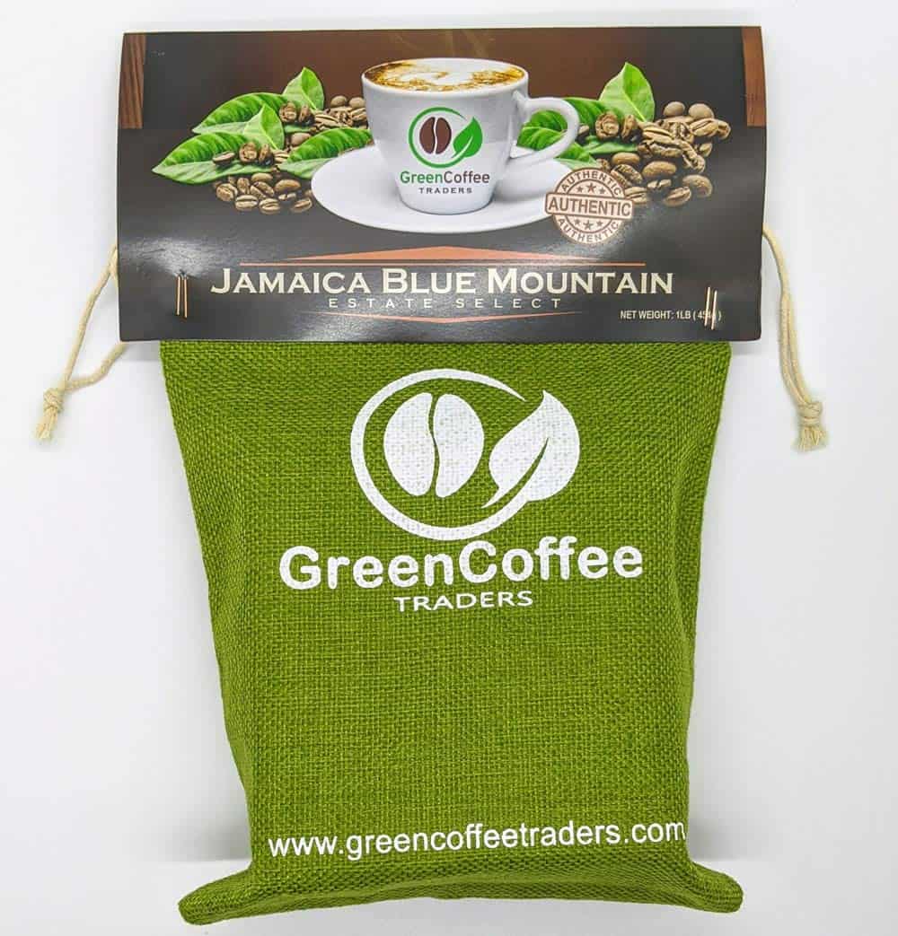 Bag of coffee with words, green coffee traders stamped on the front. 
