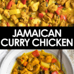 Pinterest image of a close-up and a top view of a bowl of Jamaican curry chicken with a spoon rest in it.