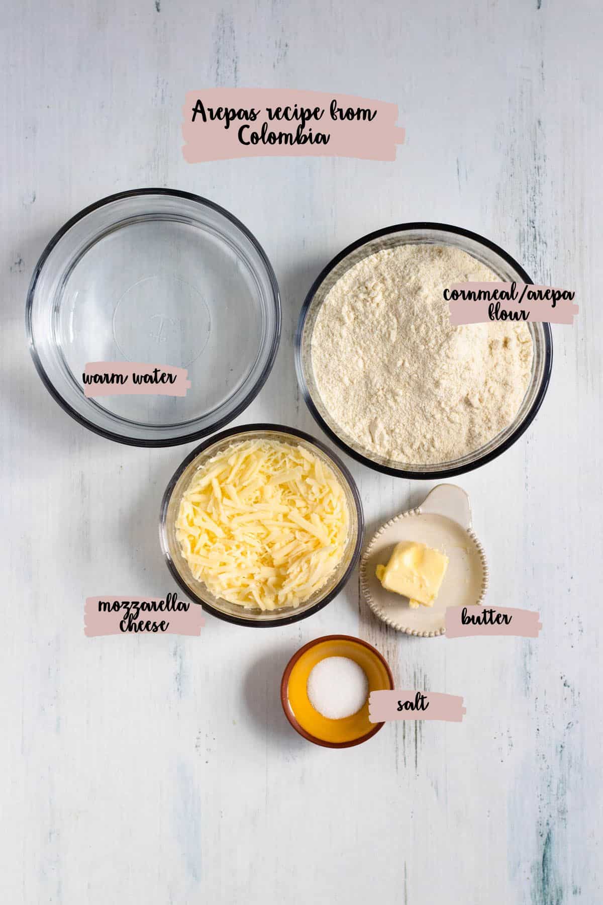 Ingredients shown that are used to prepare arepas recipe from Colombia. 