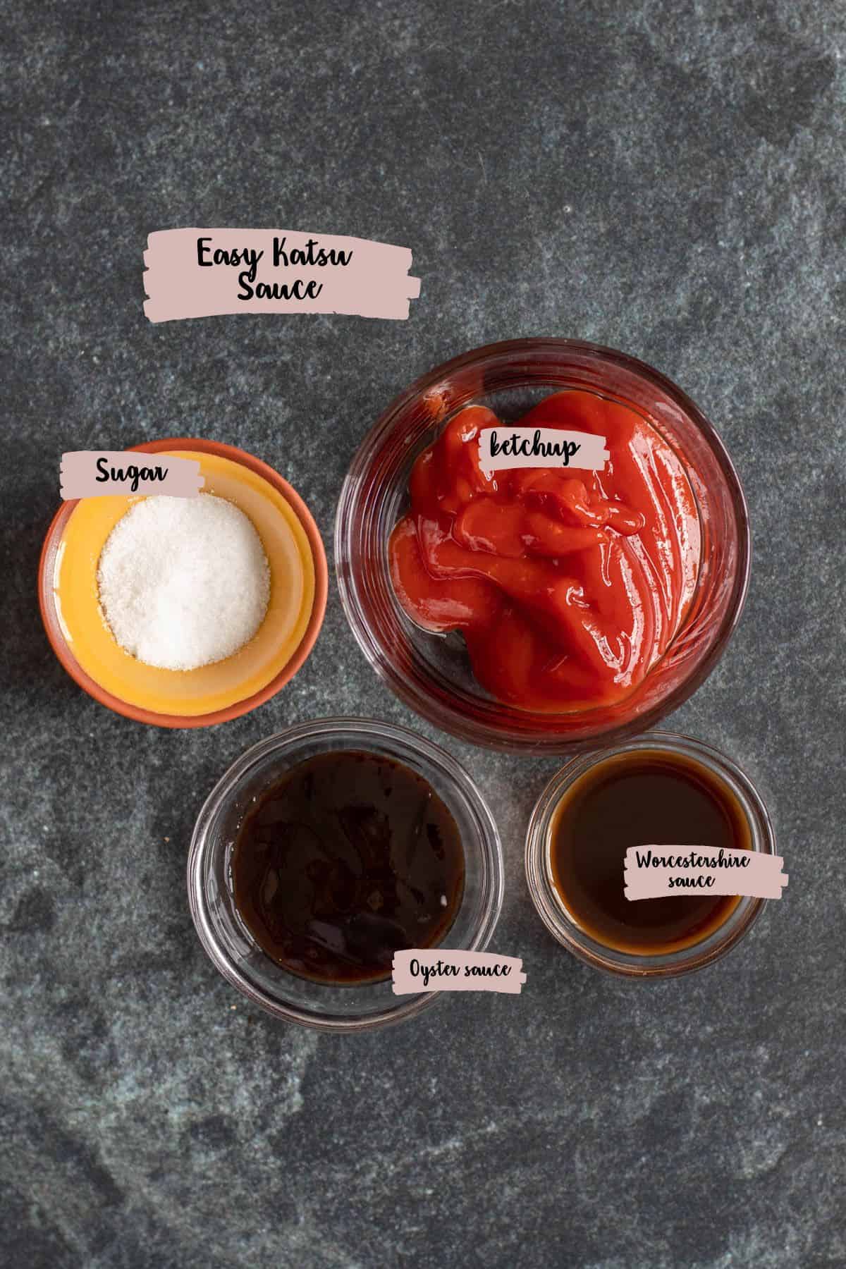 Ingredients shown that are used to make easy katsu sauce recipe. 