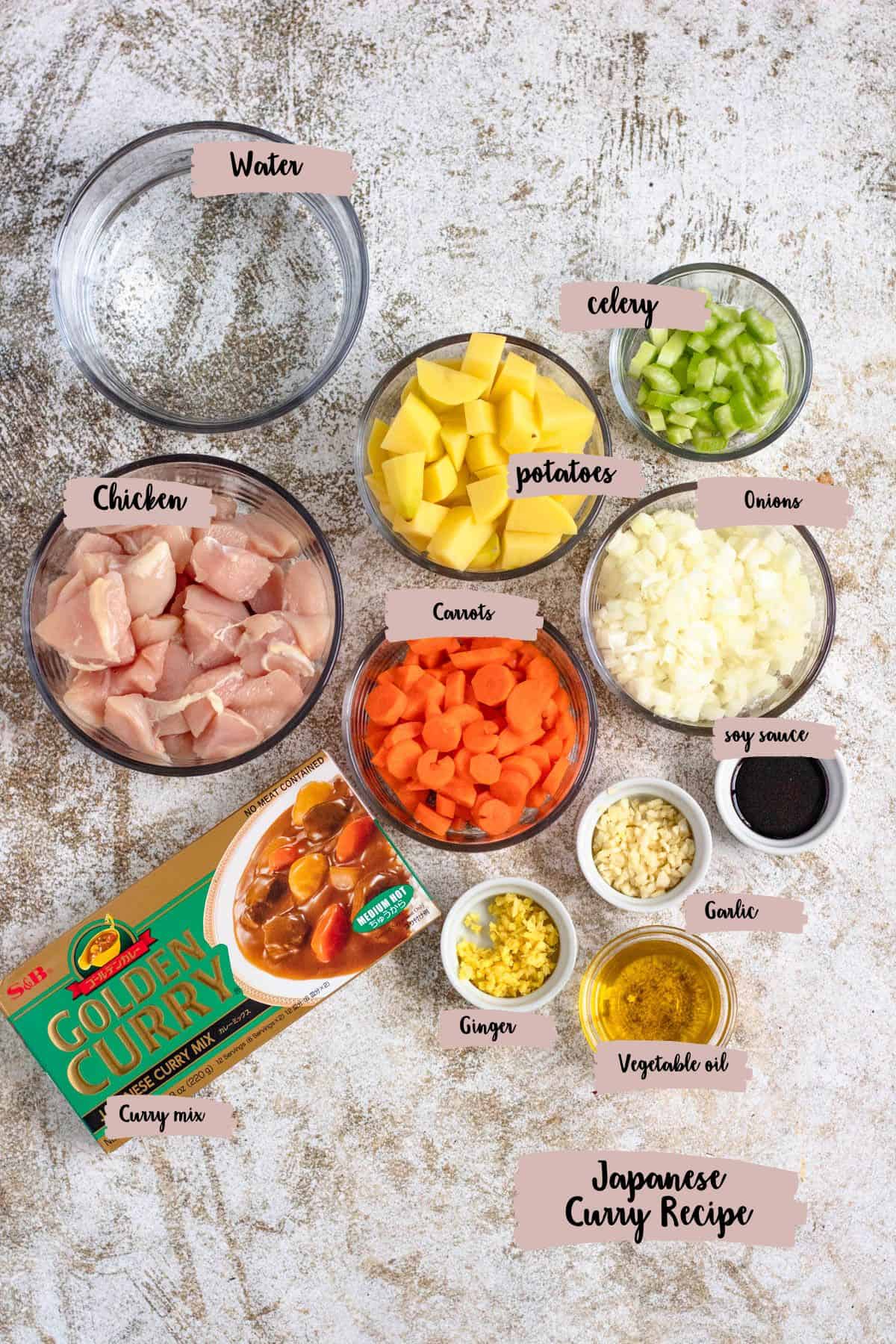 Ingredients shown are used to prepare Japanese curry recipe. 