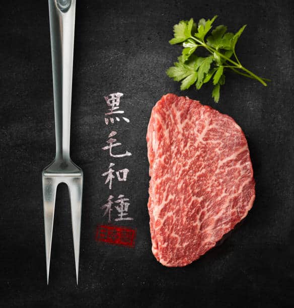 A Japanese Wagyu piece of raw beef with a sprig of cilantro next to it and a metal bbq fork. 