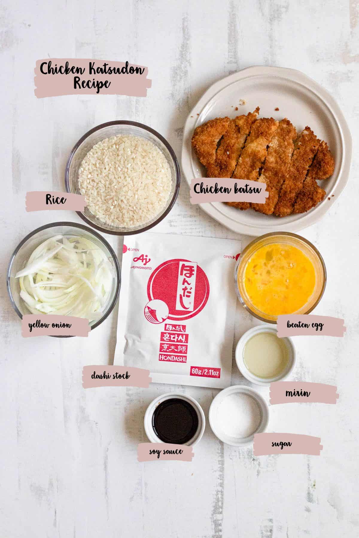 Ingredients shown are used to prepare Chicken katsudon recipe. 