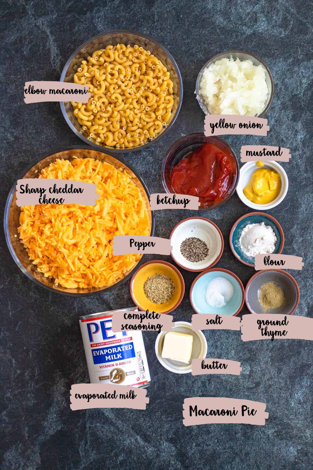 Ingredients shown are used to prepare Macaroni pie recipe. 