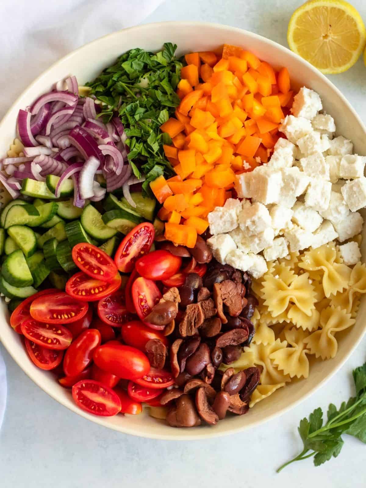 Greek pasta salad ingredients in a bowl with the fresh chopped ingredients added individually, not combined to show the color and texture. 