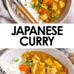 Pinterest image of a top and close-up view of a bowl with white rice and Japanese curry added to the side of it, with chopsticks resting on the side of the bowl.