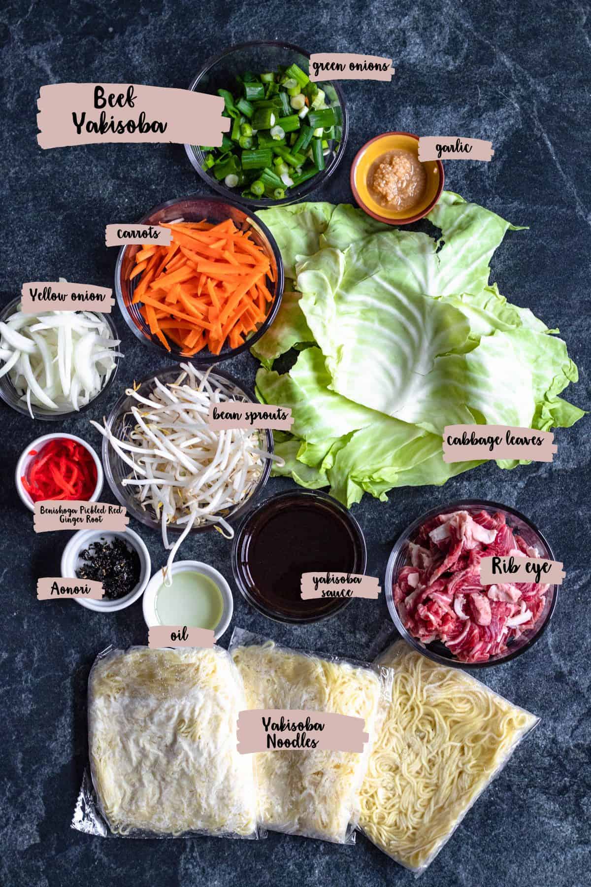 Ingredients shown are used to prepare Beef yakisoba recipe. 