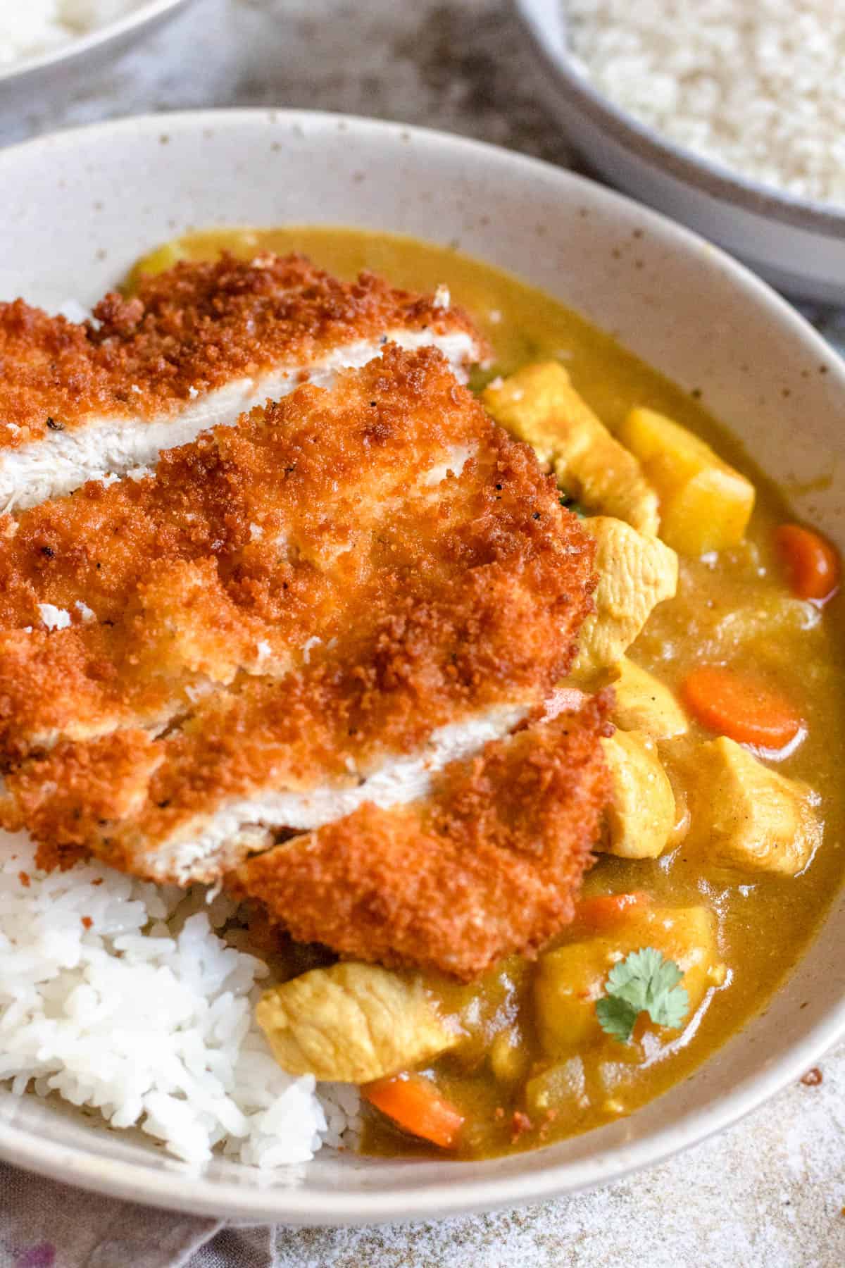 Chicken katsu curry recipe in a bowl. 