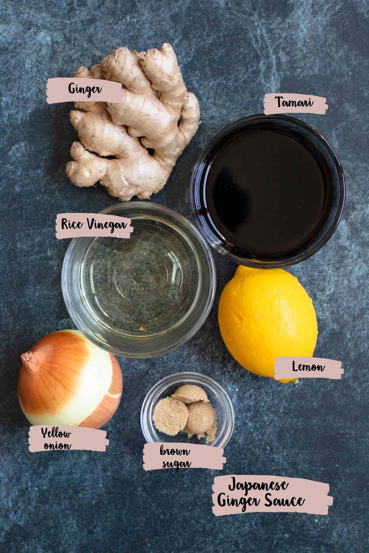 Ingredients shown are used to prepare a Japanese Ginger sauce recipe. 