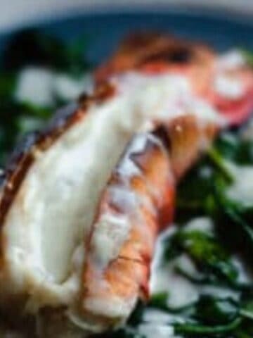 A lobster tail on a bed of spinach.