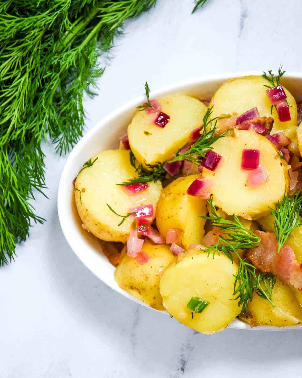 Bavarian potato salad served in a bowl with fennel and red onions. 