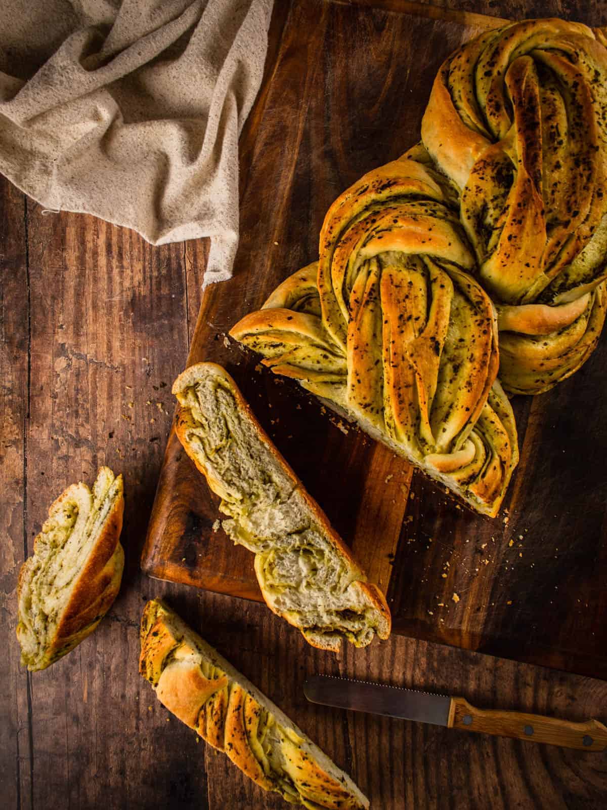 Italian Pesto Bread on a cutting board. 