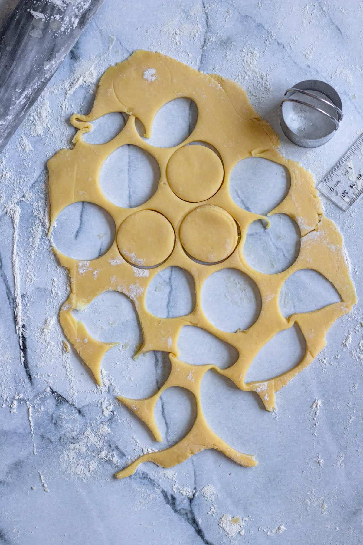 Dough cut out into small circles to make alfajores. 