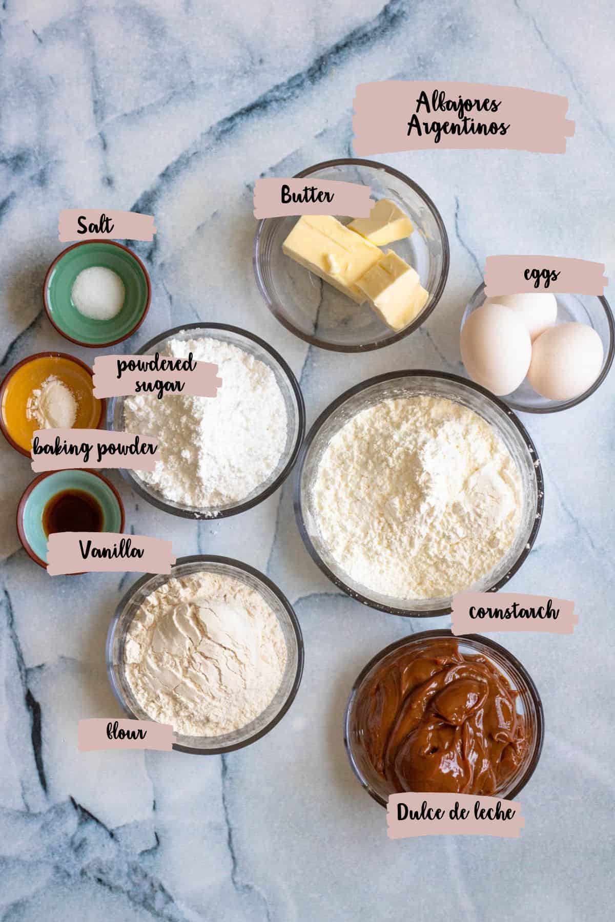 Ingredients shown are used to prepare Argentinos Alfajores. 
