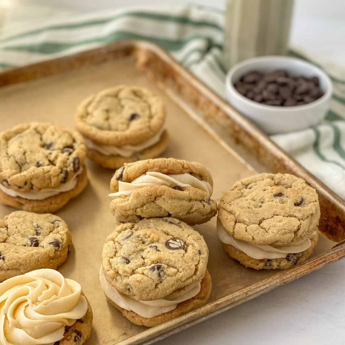Baileys chocolate chip cookies sandwiched with frosting.