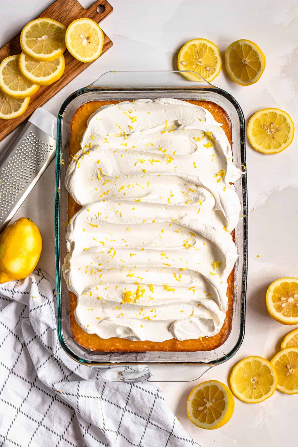 Lemon zest added to the top of the cool whip on a boxed lemon cake. 