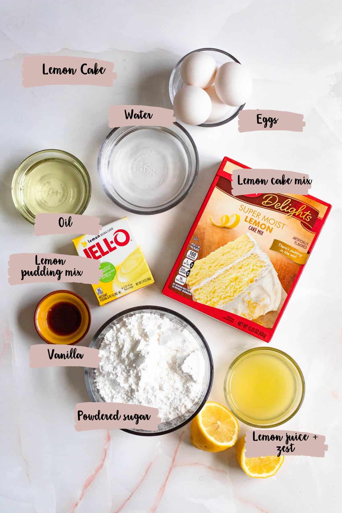 Ingredients shown are used to prepare lemon cake recipe. 