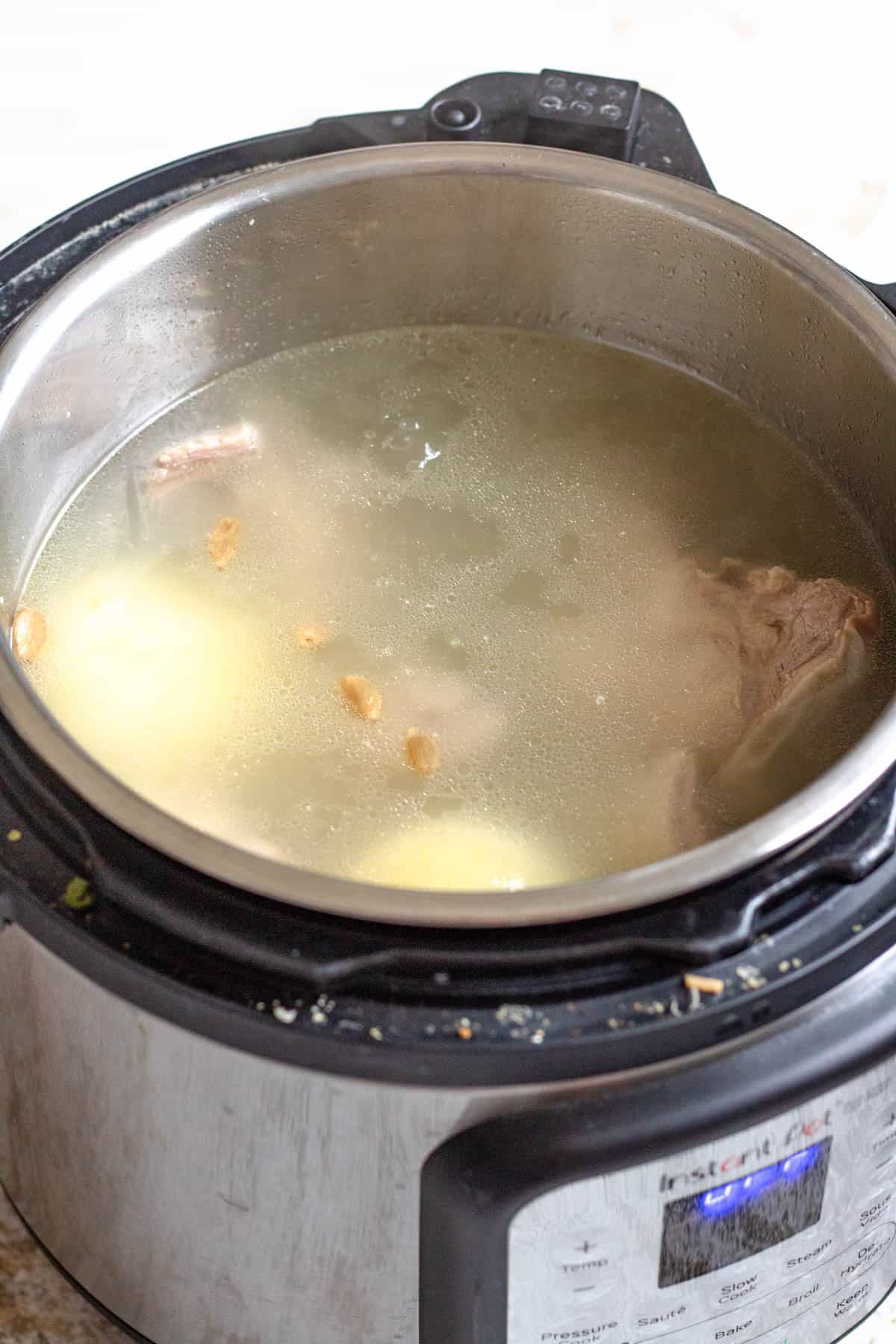 Cooked lamb in the pressure cooker. 