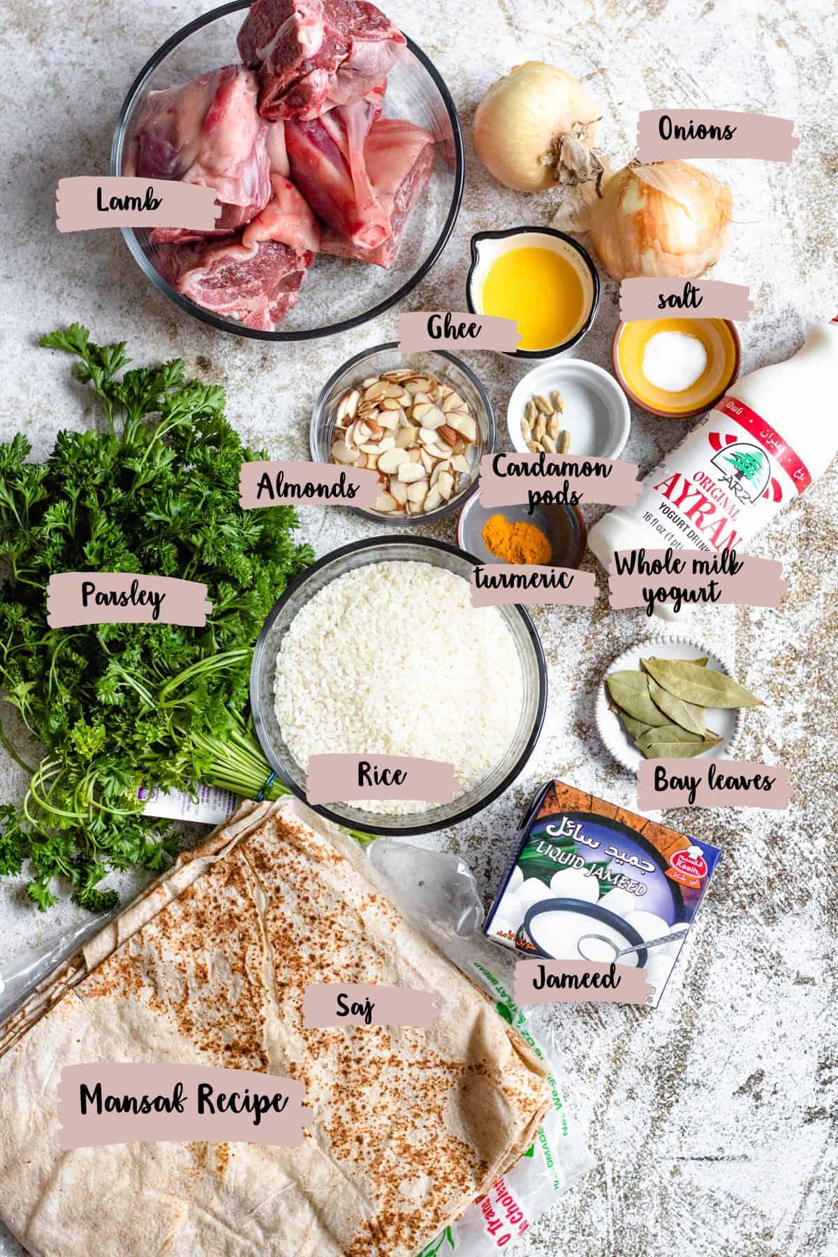 Ingredients shown are used to prepare mansaf. 