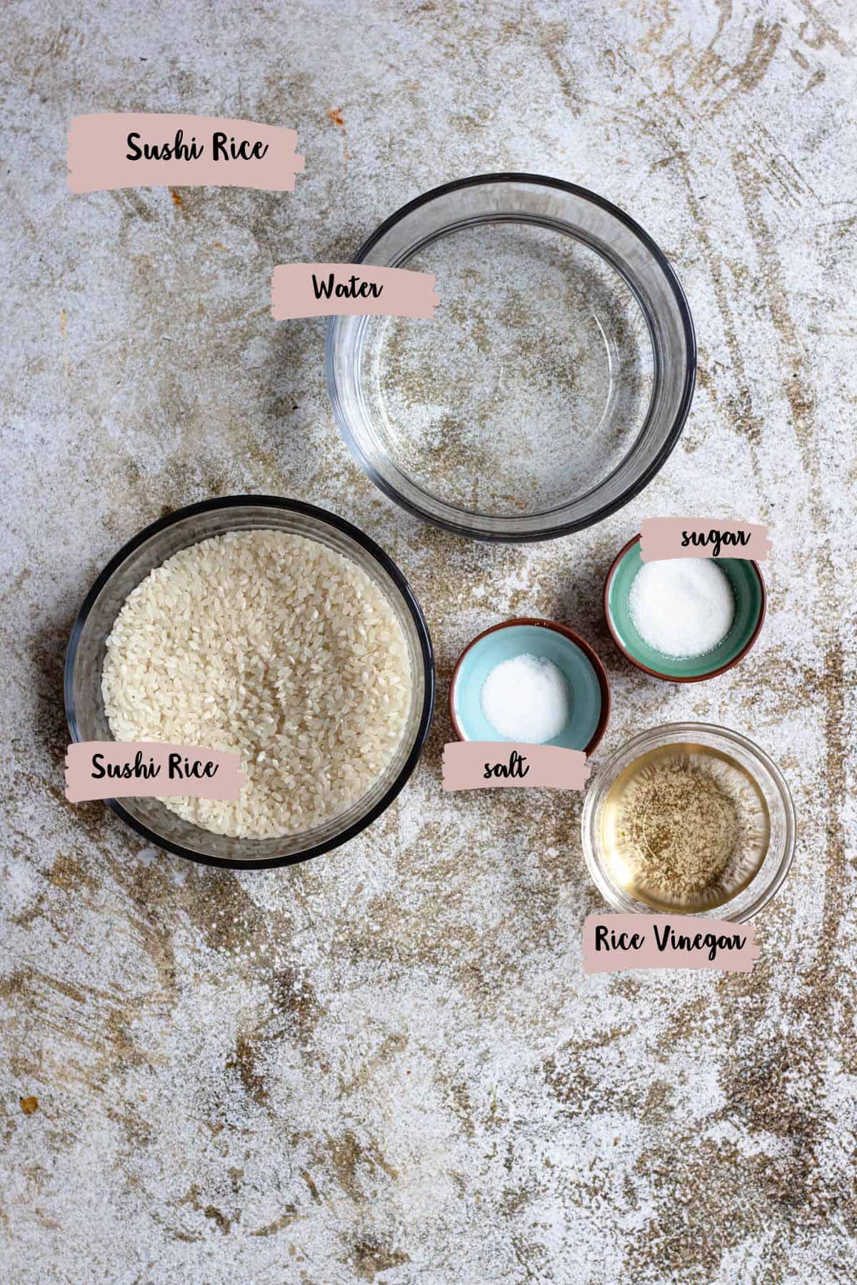 Ingredients shown are used to prepare sushi rice without a rice cooker. 