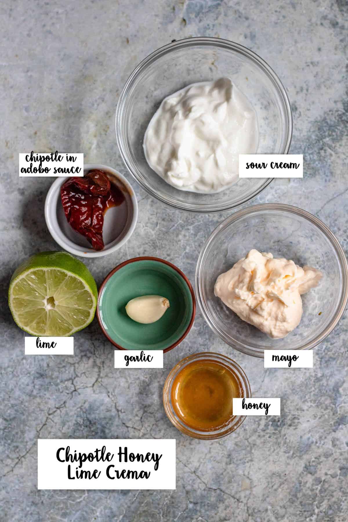 Ingredients shown are used to prepare Chipotle Honey Lime Crema. 