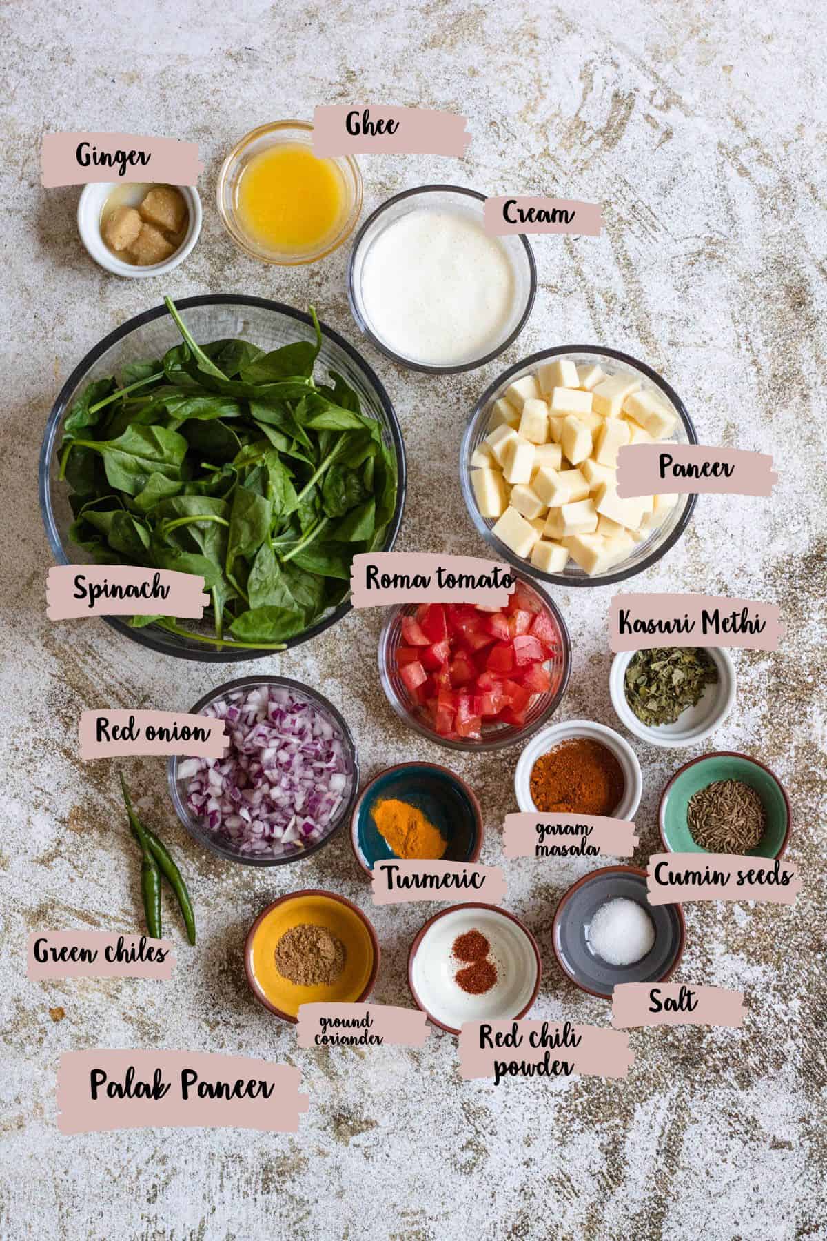 Ingredients shown are used to make easy palak paneer recipe. 