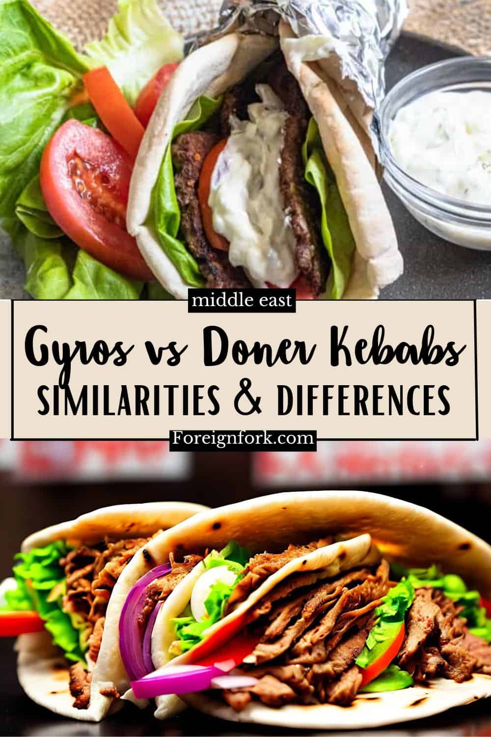 Two photo Pinterest images with text overlay gyros vs doner kebabs similarities and differences. 